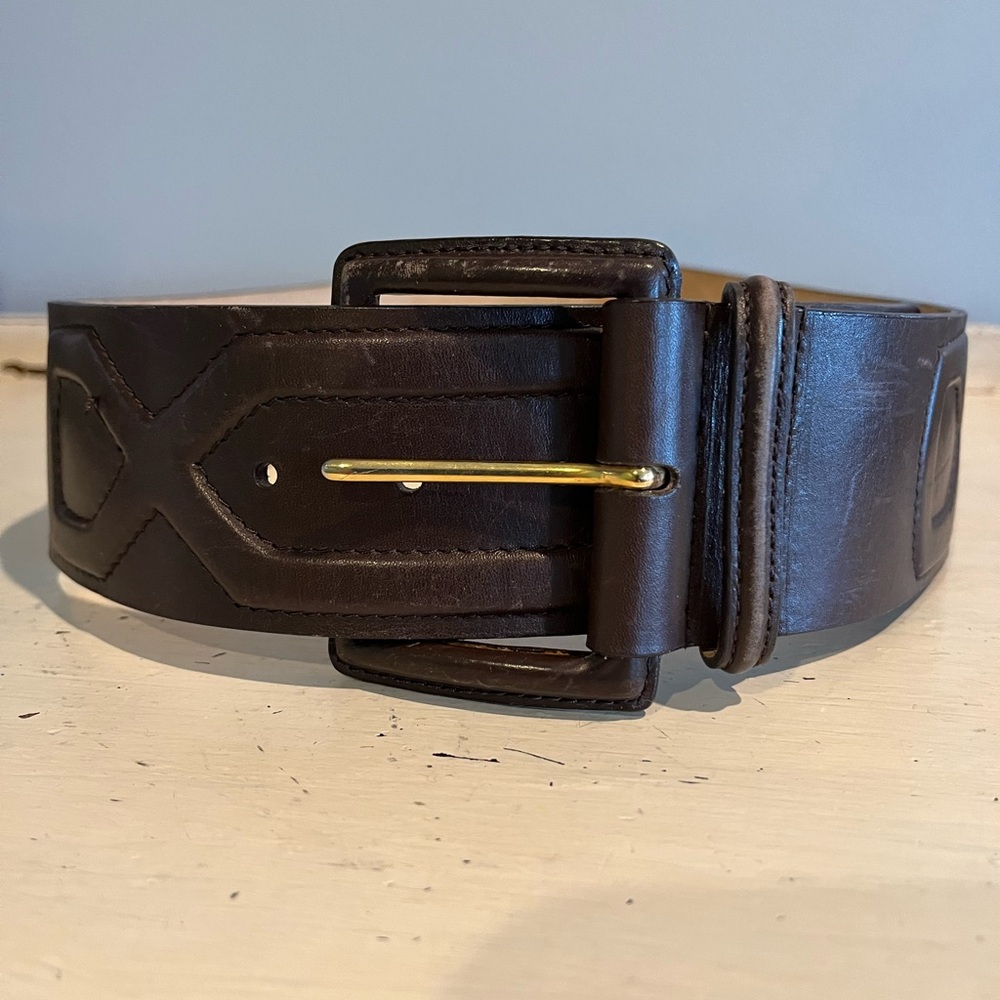 Saks Fifth Ave Woman’s Wide Brown Leather Belt Embossed Design Size S 27 - 30in